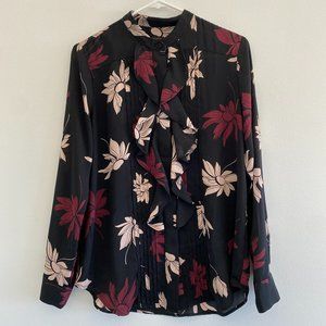 Ann Taylor Ruffle Button Front Top Black Floral Size S